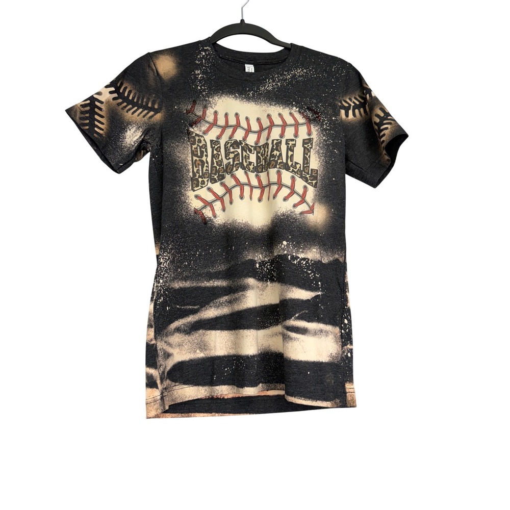 Bella Canvas Womens XS Baseball Graphic Tee Bleached Leopard Print Charcoal Grey